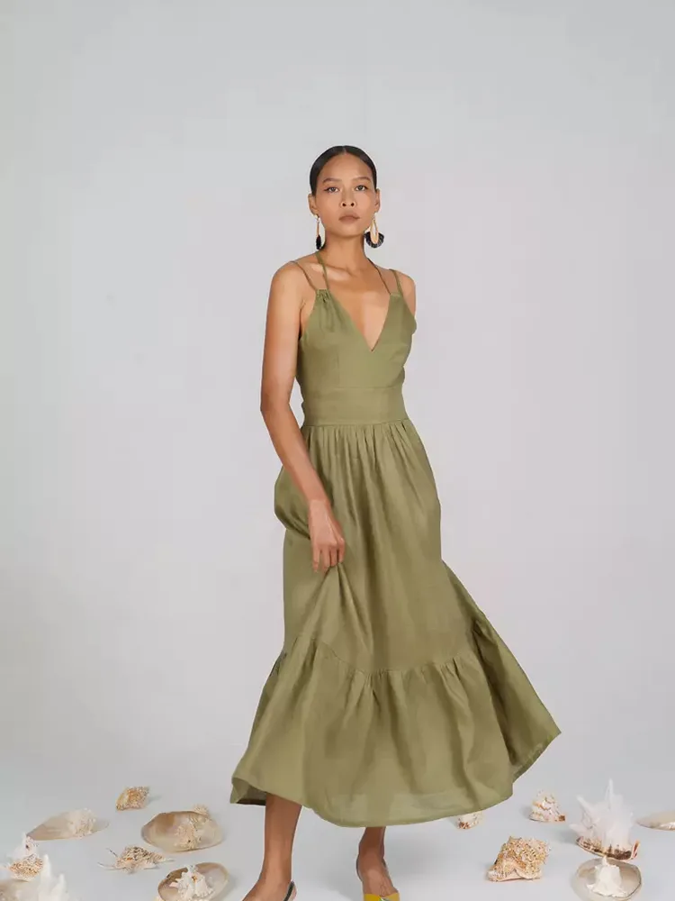 Was macht die Lady Deep V-Ausschnitt Long Casual Leinenkleid zu etwas Besonderem?