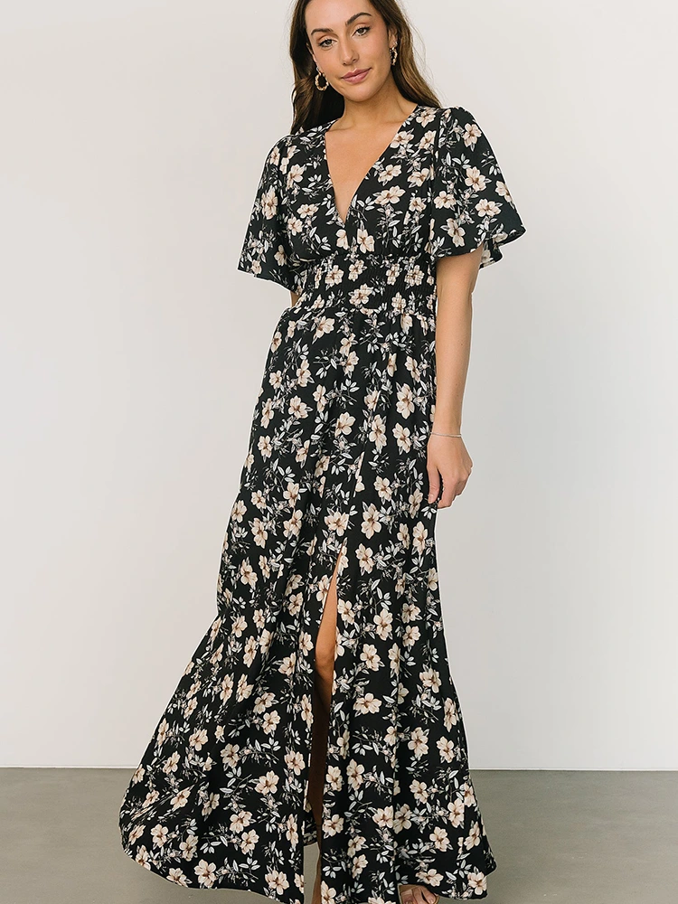 Maxikleid aus Chiffon mit Blumendruck und V-Ausschnitt