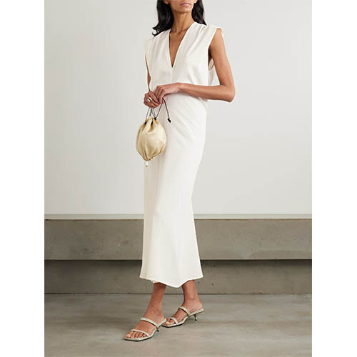 Maßgeschneidertes ärmelloses Midikleid mit tiefem V-Ausschnitt in Elfenbein