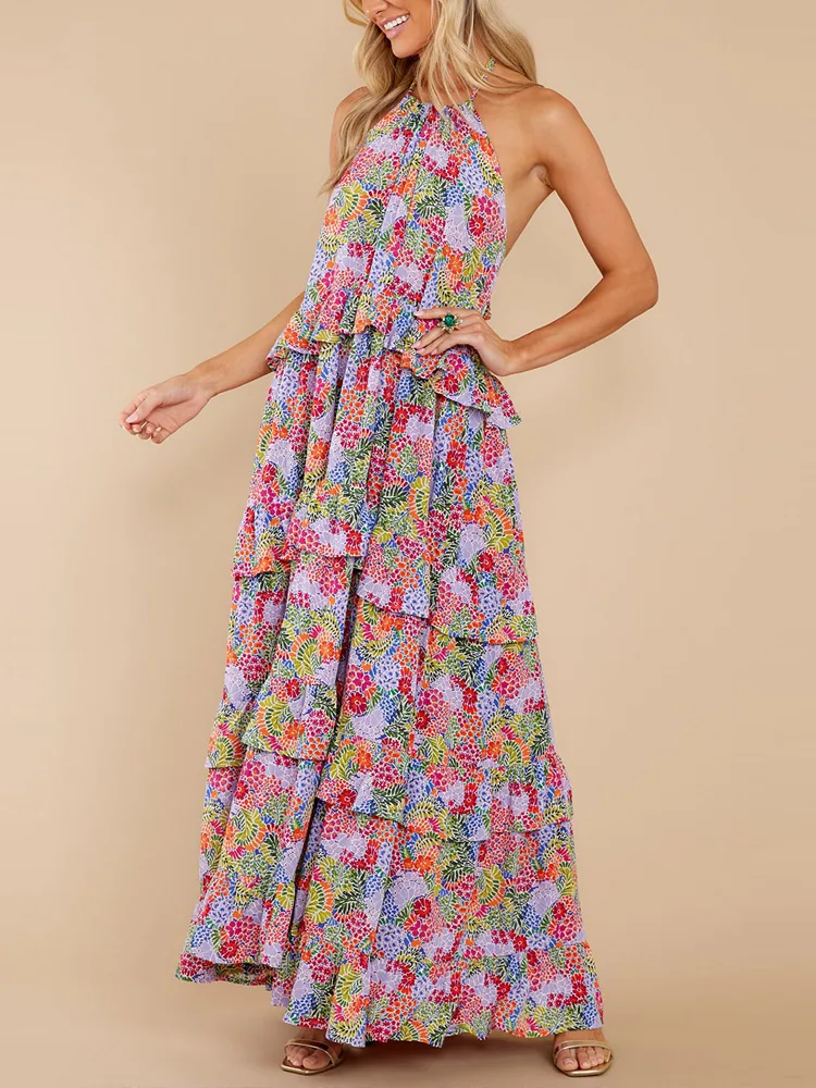 Frauen elegantes Blumendruck Baumwoll Maxikleid